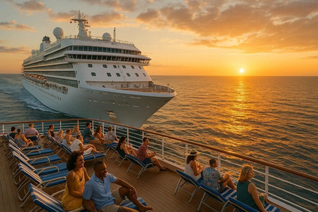 Sunset over the ocean as a large white cruise ship sails by, passengers lounging on the deck chairs.",