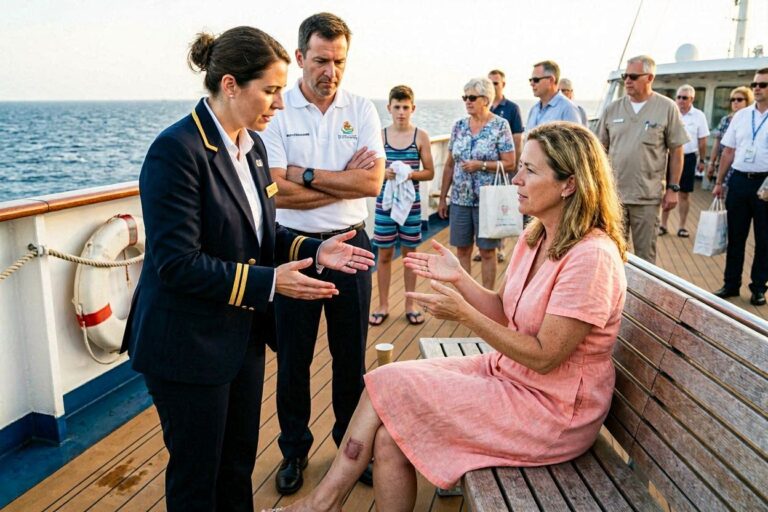 Woman in a pink dress sits on a ship deck, gesturing as a uniformed crew member speaks to her while others watch nearby by the railing and ocean in the background.