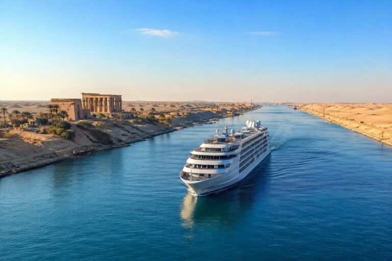 White cruise ship sailing along a blue river with desert banks and ancient temple ruins in the background.