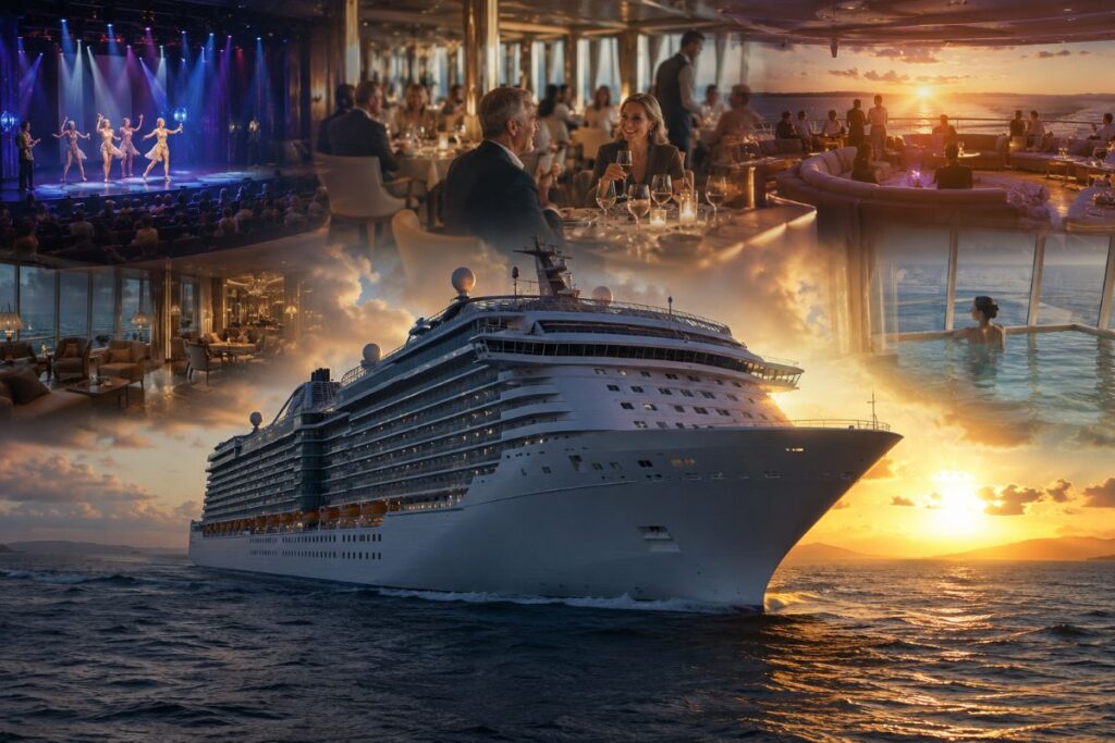 Luxury cruise ship at sea at sunset, overlaid with scenes of dining, theater, and pool decks safer for guests.