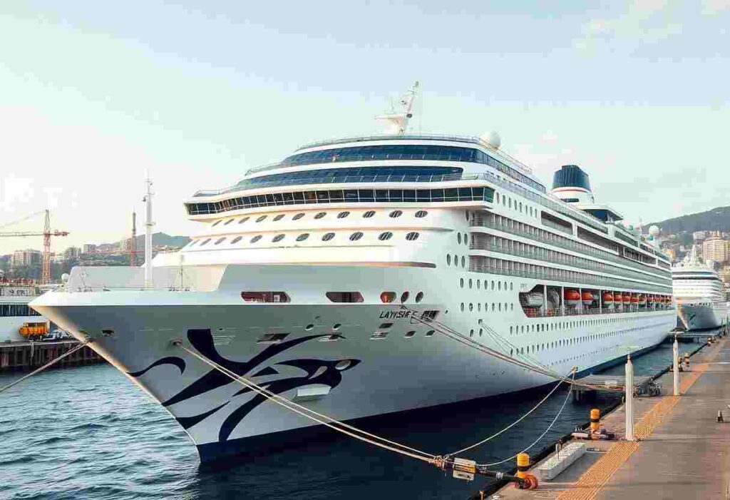Large white cruise ship docked at a port, moored with lines securing it to the pier.
