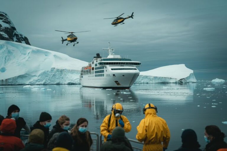 Expedition cruise ship near icebergs with two helicopters above and passengers wearing masks and protective suits on deck.