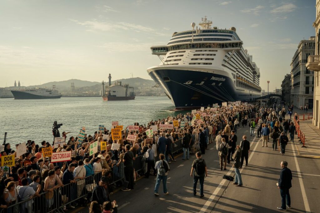 Large crowd of protesters lined along a dock beside a massive docked cruise ship, holding colorful signs toward the water.