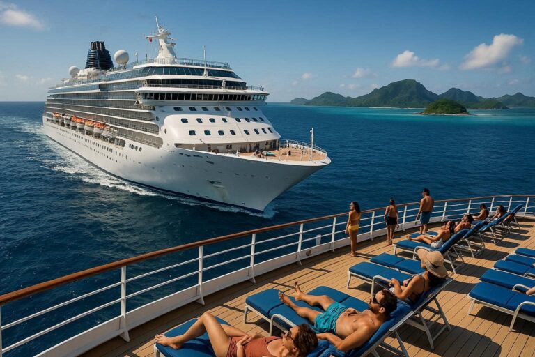 A large white cruise ship passing by a sunlit outdoor deck with passengers lounging on blue chairs and people standing by the railing, turquoise sea in the background.