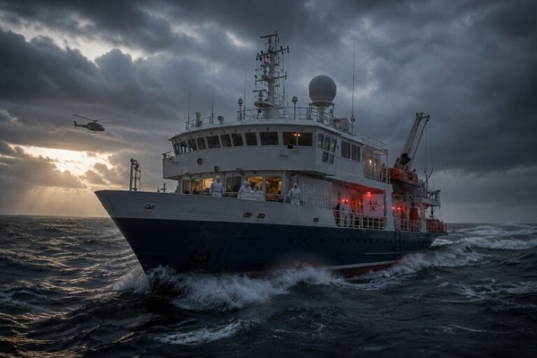 Research vessel at sea amid stormy clouds, crew on deck with red safety lights, helicopter flying nearby.