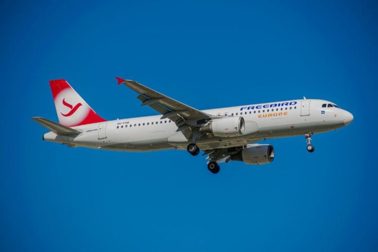 White Freebird Europe jet in flight with red tail logo and 'FREEBIRD EUROPE' lettering against a clear blue sky, landing gear down