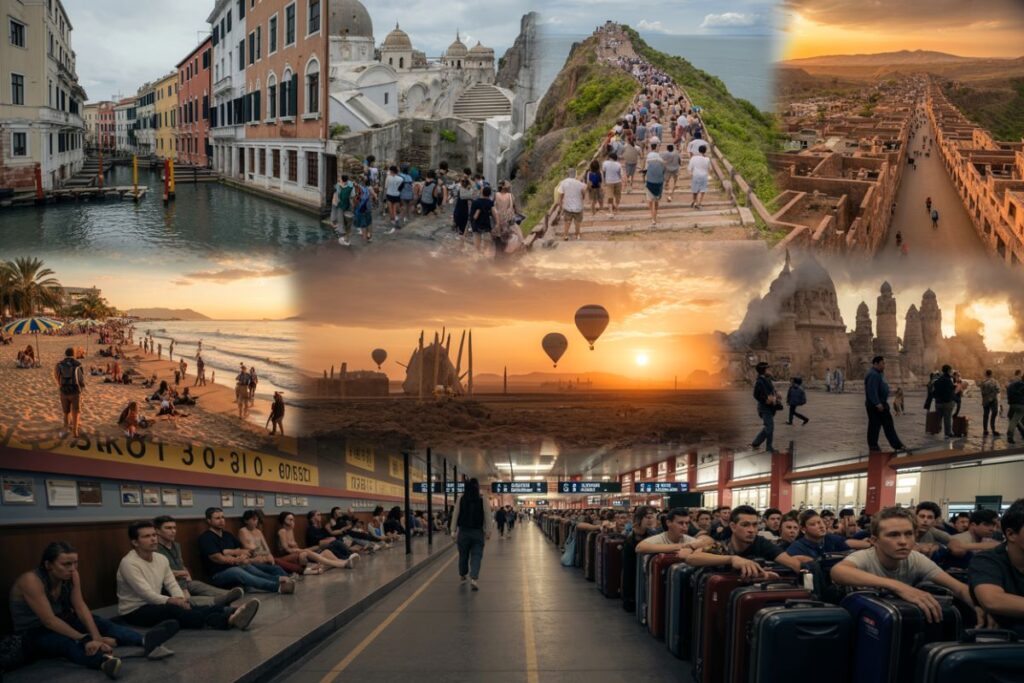 Collage of travel scenes: canals and colorful buildings, a historic hilltop walkway, a distant ancient wall, a sunset beach, hot air balloons at sunrise, an ancient temple complex, and a busy train/subway station filled with travelers.