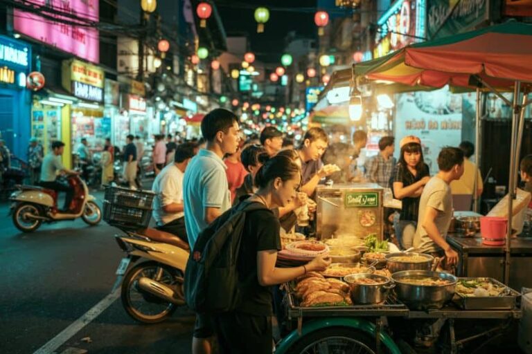 Bustling night market street with colorful lanterns, food stalls, and diners sampling dishes.