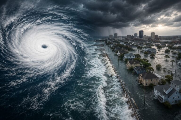 A giant hurricane swirls over the sea with a visible eye, heading toward a flooded coastal city on the right.