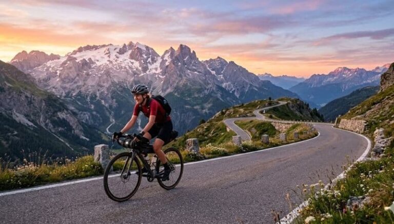 Cyclist riding a road bike on a winding mountain road at sunset, with snow-capped peaks in the distance and wildflowers along the roadside.