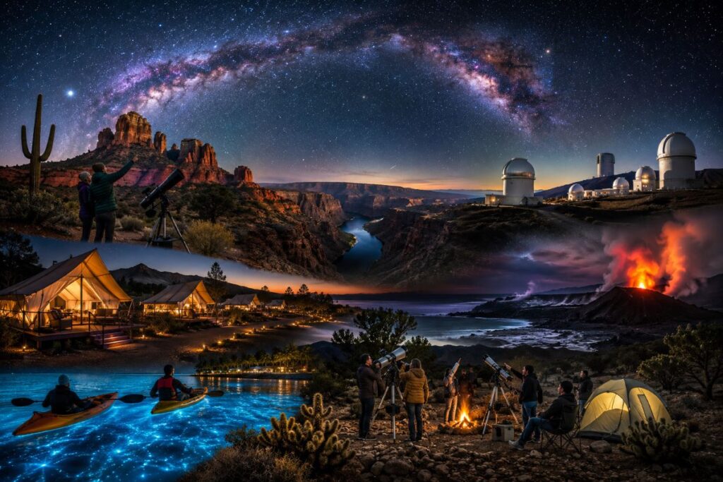 Nighttime desert camp under a Milky Way arc, with telescopes, tents, a campfire, and kayakers on a glowing river with observatories in the distance.