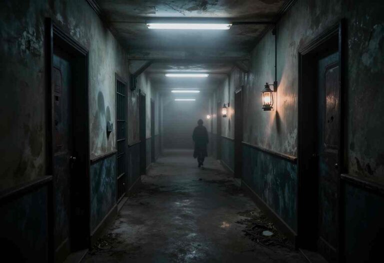 Silhouette of a person walking down a dim, abandoned hallway with peeling walls and hanging lanterns.