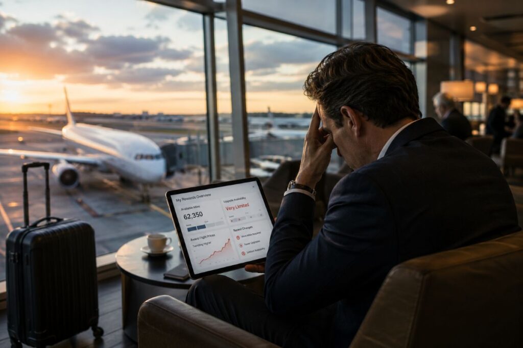 Businessman in an airport lounge reviews a tablet with stock/chart data as a plane sits at the gate nearby at sunset.