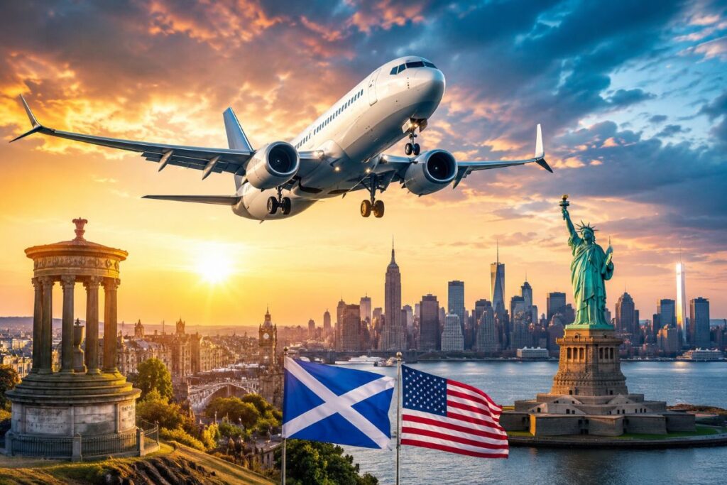 Airplane flies low over New York City's skyline at sunset, with the Statue of Liberty and flags of Scotland and the United States in the foreground.