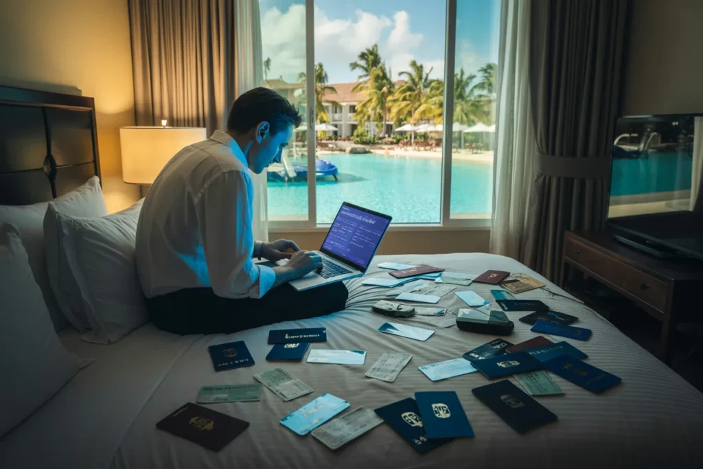 Man in a white shirt sits on a hotel bed using a laptop, while passports, cards, and travel papers are spread across the bed by a window overlooking a pool.