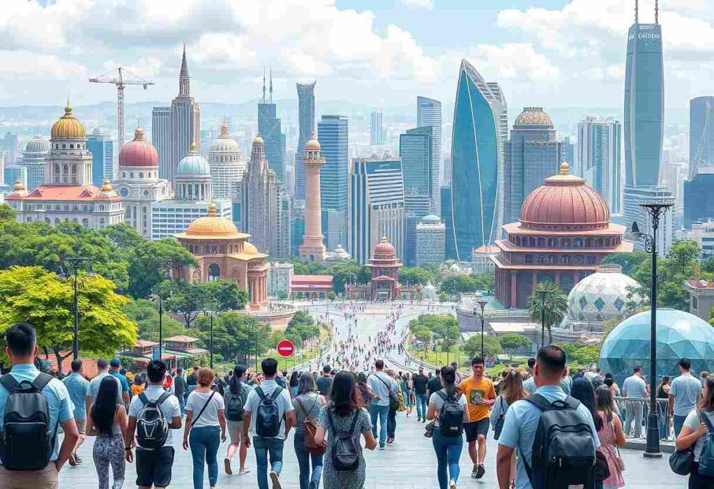 Crowd walking down a broad promenade toward a city skyline with domed buildings, modern glass towers, and green trees.