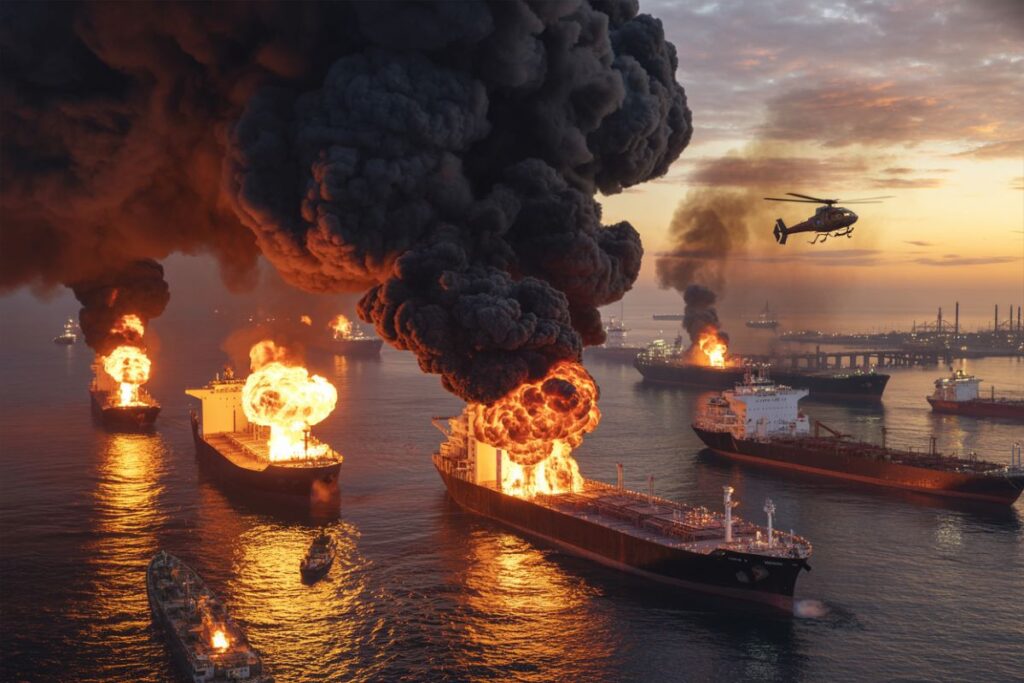 Oil tankers burning in a harbor with thick black smoke rising as a helicopter flies overhead at sunset.