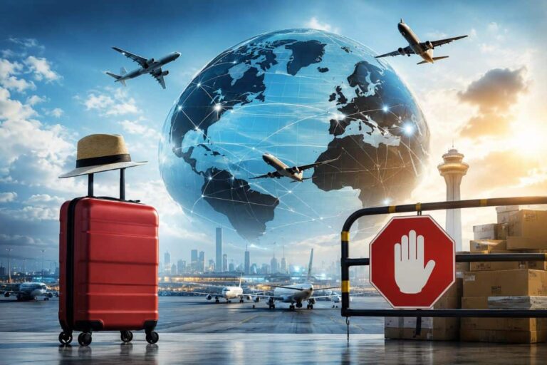Red suitcase with a straw hat on top at an airport, with a large illuminated globe and airplanes circling in the sky behind it.