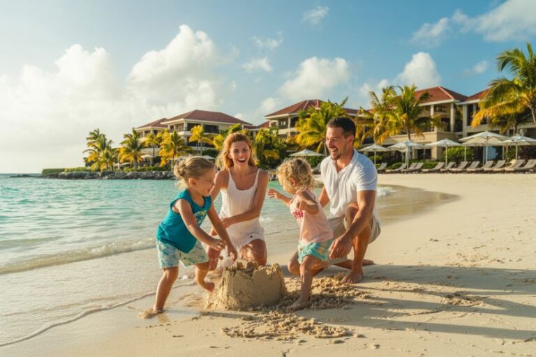 Family of four on a sunny beach building a sandcastle near the shoreline with palm trees and resort in the background.