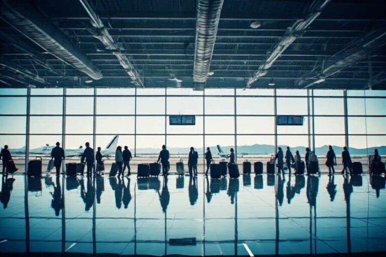 People with rolling suitcases waiting inside a bright airport terminal by a large glass wall, reflections on the glossy floor.