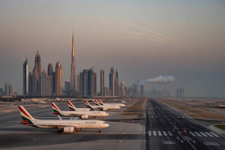 Row of Emirates passenger jets parked on a taxiway with Dubai's skyline at dusk in the background.