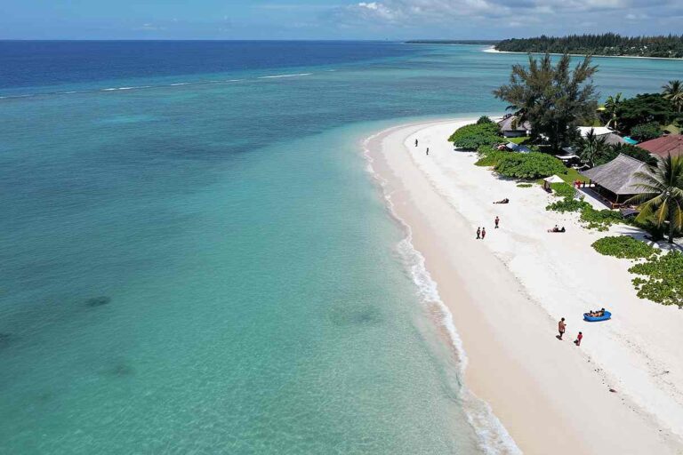 Aerial view of a tropical beach with white sand, turquoise water, palm trees, and thatched huts along the shore.