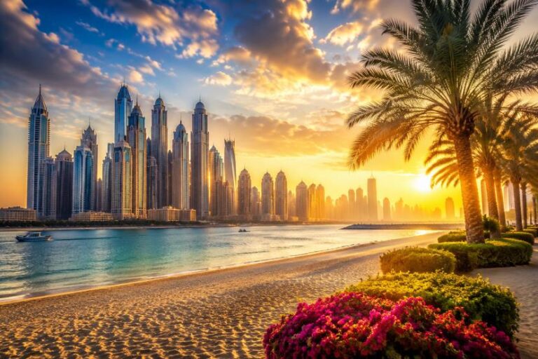 Sunset over Dubai's skyline with tall skyscrapers, a sandy beach, and palm trees along the water.