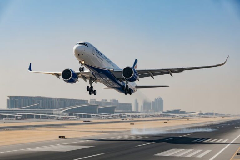 A large commercial jet lifting off the runway with a city skyline in the distance at an airport