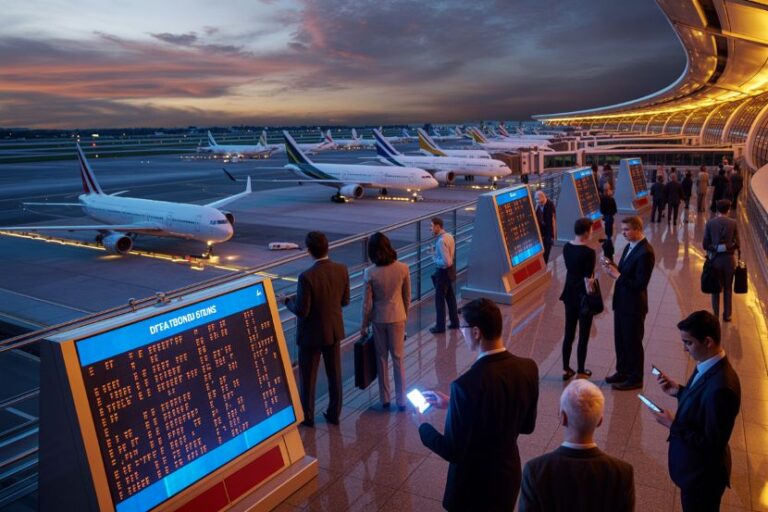 Passengers stand at a modern airport terminal balcony reading large flight information screens as several jets park at the gates at sunset/ dusk.