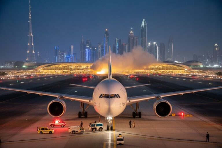 Front view of a large passenger plane on a runway at night with a brightly lit city skyline in the background