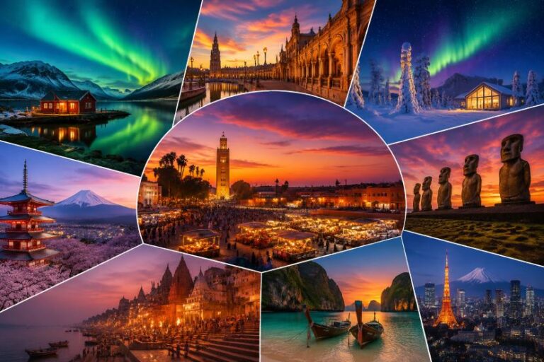 Collage of iconic travel scenes from around the world, including aurora borealis, historic plazas, temples, and city skylines.