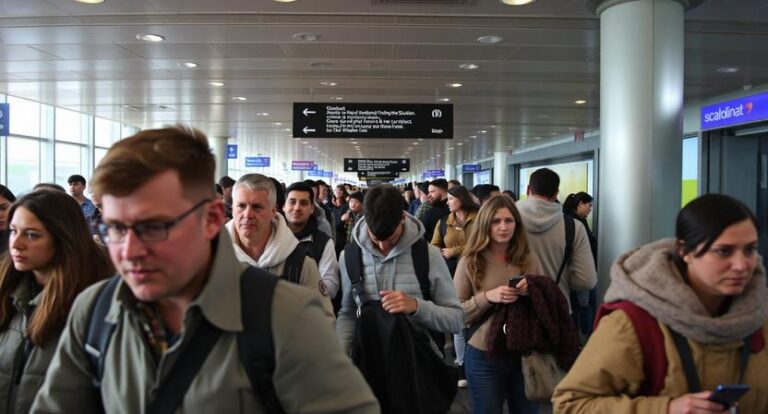 Crowded airport terminal corridor with travelers walking and standing; overhead signs visible in the background.