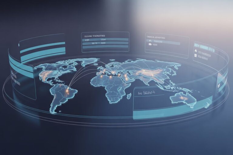 Futuristic holographic world map surrounded by translucent data panels and glowing connection lines.