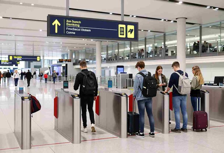 Travelers with backpacks and rolling luggage wait at automated airport security gates in a bright, modern terminal.