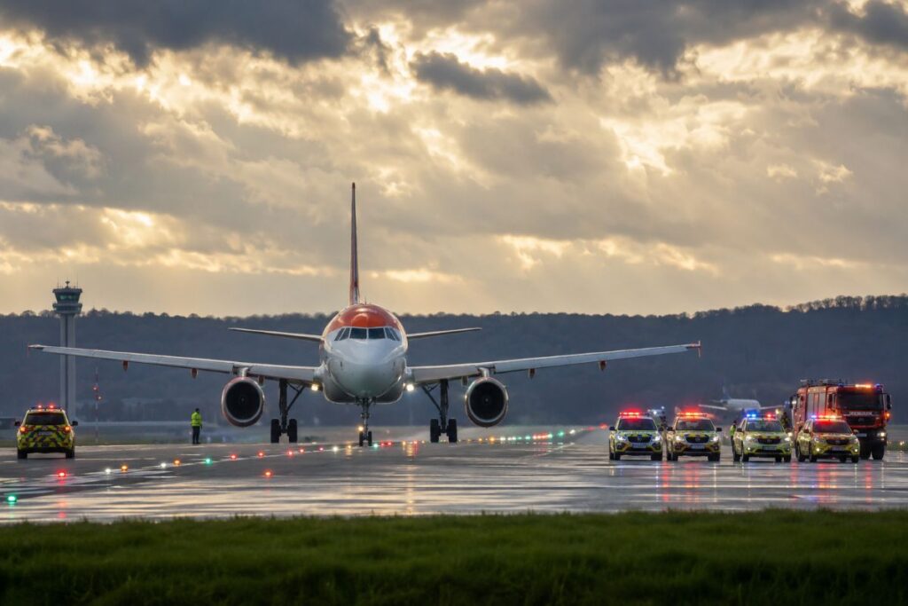 Commercial passenger jet taxis on a wet runway with multiple emergency vehicles parked nearby and flashing lights, under a cloudy sky.