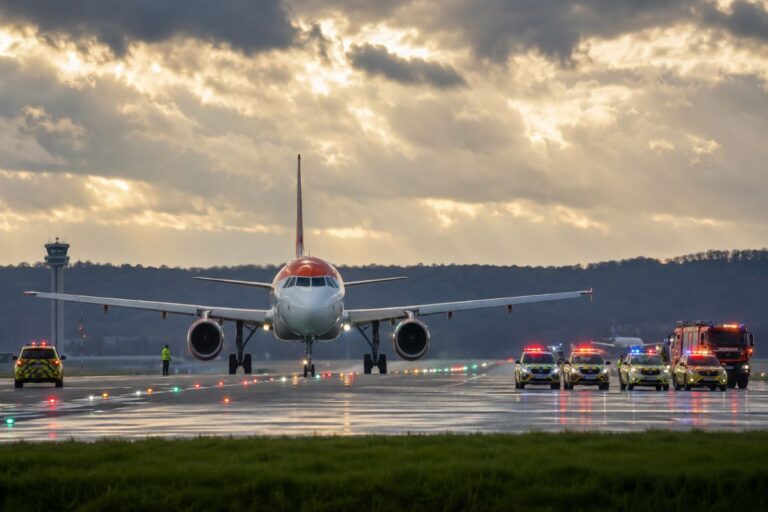 Commercial passenger jet taxis on a wet runway with multiple emergency vehicles parked nearby and flashing lights, under a cloudy sky.