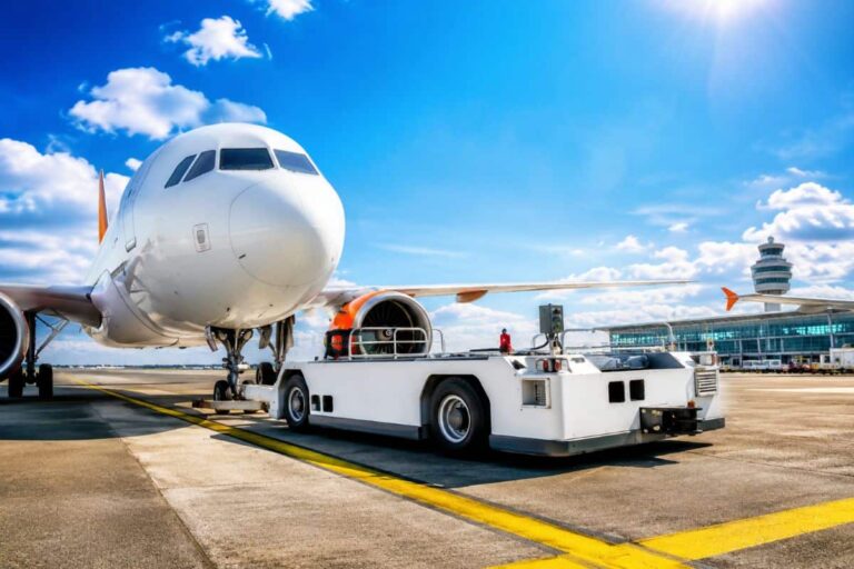White commercial airliner on the taxiway being prepared for pushback, with a ground vehicle nearby and a control tower in the distance under a bright blue sky.
