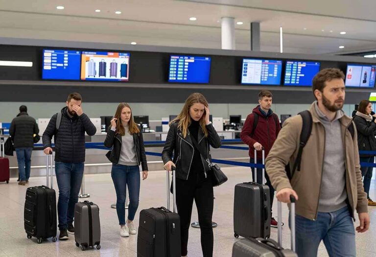 Travelers in an airport check-in area standing in line with rolling suitcases and backpacks, awaiting service behind blue queue barriers.