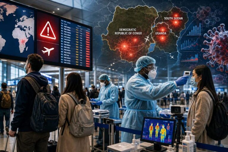 Healthcare workers in full PPE measure a traveler's temperature at an airport screening station.