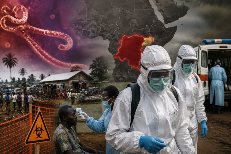 Medical staff in full protective suits check a man’s temperature at an outbreak site, with a biohazard sign and an Africa map in the background.
