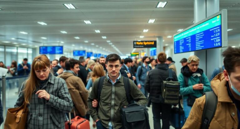 Crowded airport check-in area with travelers carrying luggage and backpacks, flight boards visible in the background.