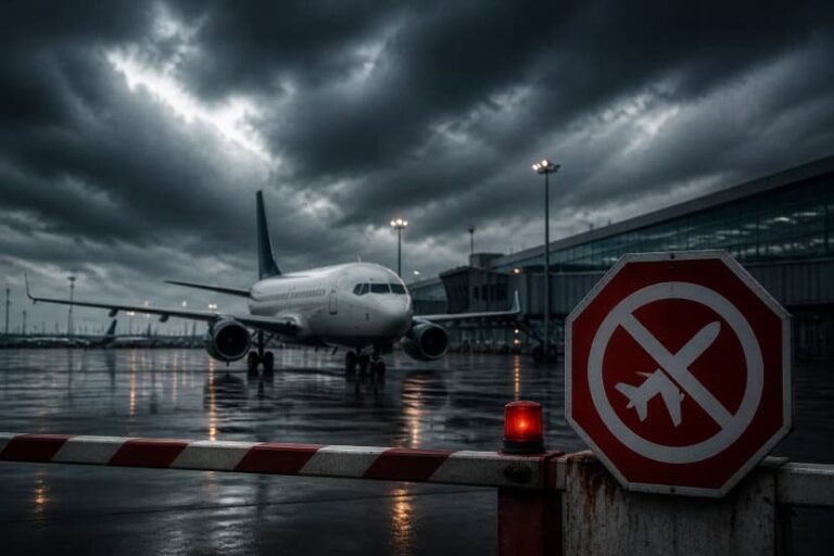 Airplane on a wet tarmac behind a striped barrier with a red no-entry sign and a red safety light under a dark stormy sky.