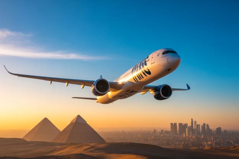 Airplane flying low over the pyramids of Giza at sunset with a city skyline in the background.