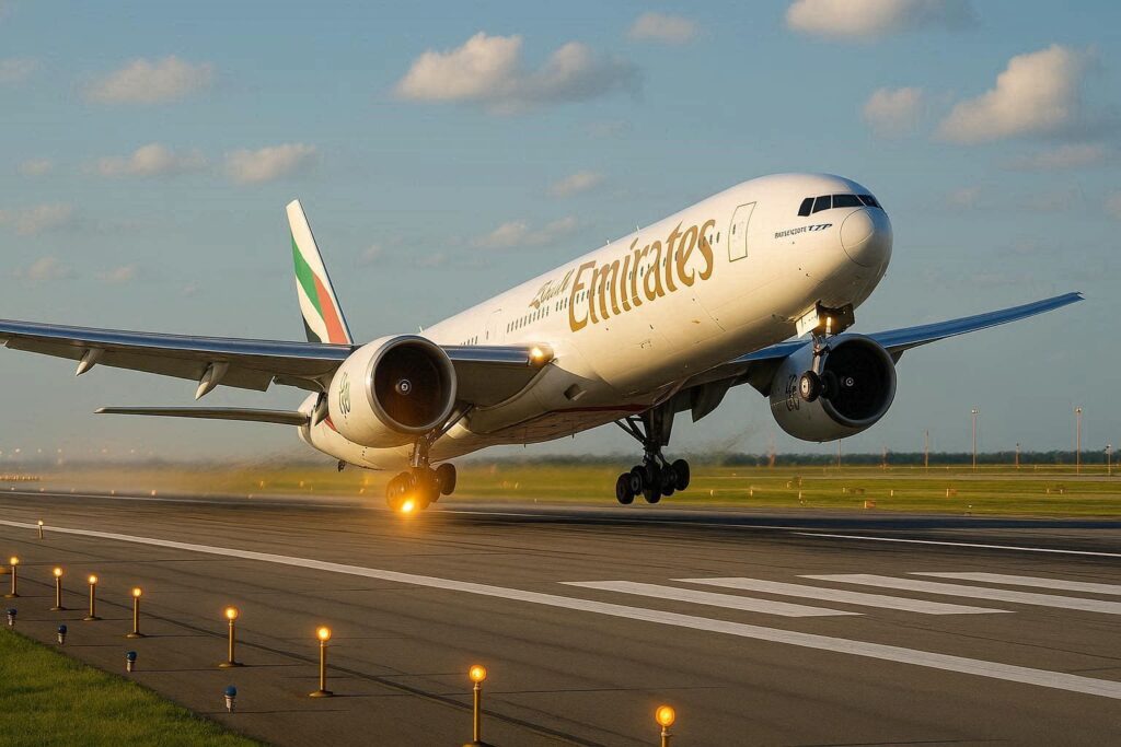 Emirates airplane lifting off runway, wheels retracting, under a blue sky with scattered clouds