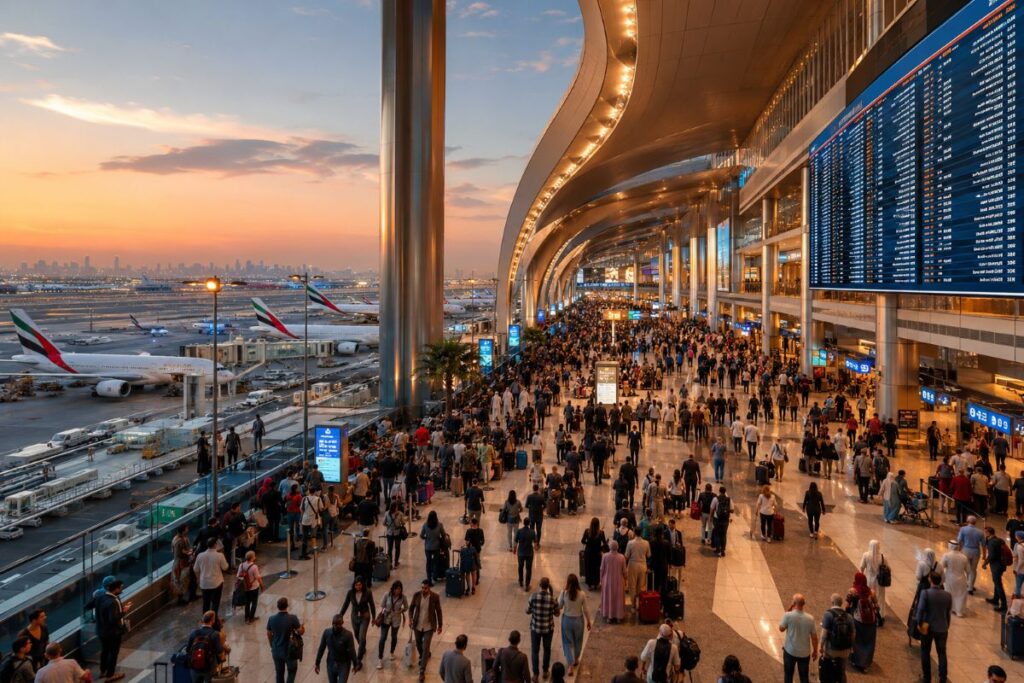 Busy airport terminal concourse filled with travelers and luggage, a large departure/arrival board on the right, and planes visible outside at sunset.
