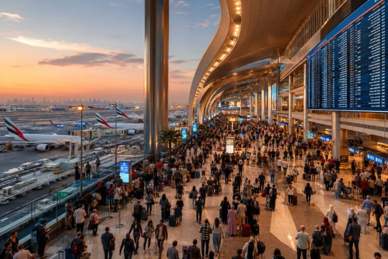 Busy airport terminal concourse filled with travelers and luggage, a large departure/arrival board on the right, and planes visible outside at sunset.