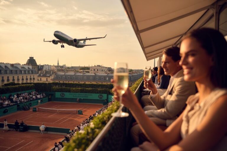 People on a balcony toasting with champagne as a plane lands near a clay tennis court at sunset in a cityscape Setting