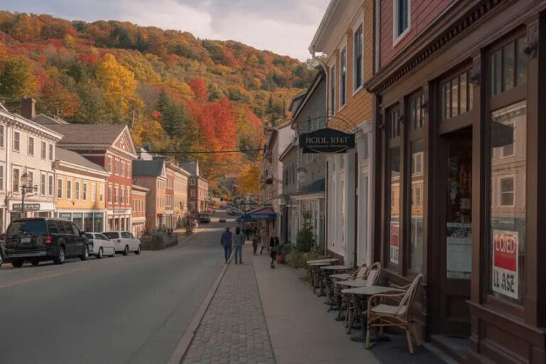 Main street in a fall-colored town with historic storefronts, a cobblestone sidewalk, and outdoor cafe chairs