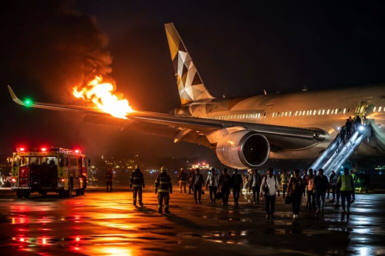 Nighttime scene of a commercial airliner with a fire on the left wing; firefighters in reflective gear and passengers evacuating via mobile stairs on the tarmac.