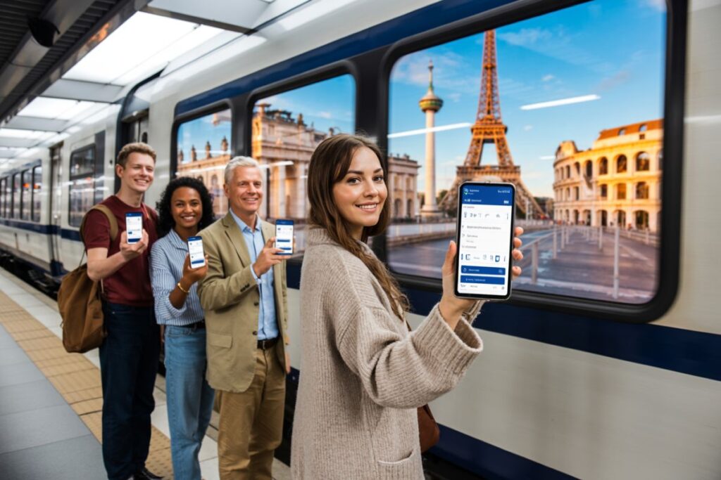 Group of four commuters on a subway platform, each displaying a smartphone app, with Paris landmarks visible through the train window.